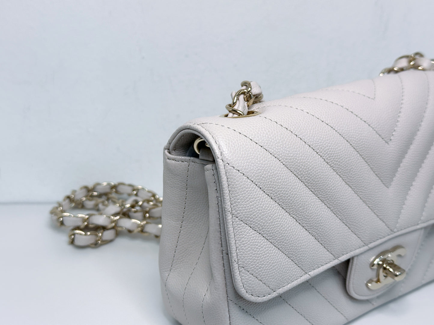 Chanel Mini Rectangle Chevron Blush Hue Light Beige Flap Bag LGHW
