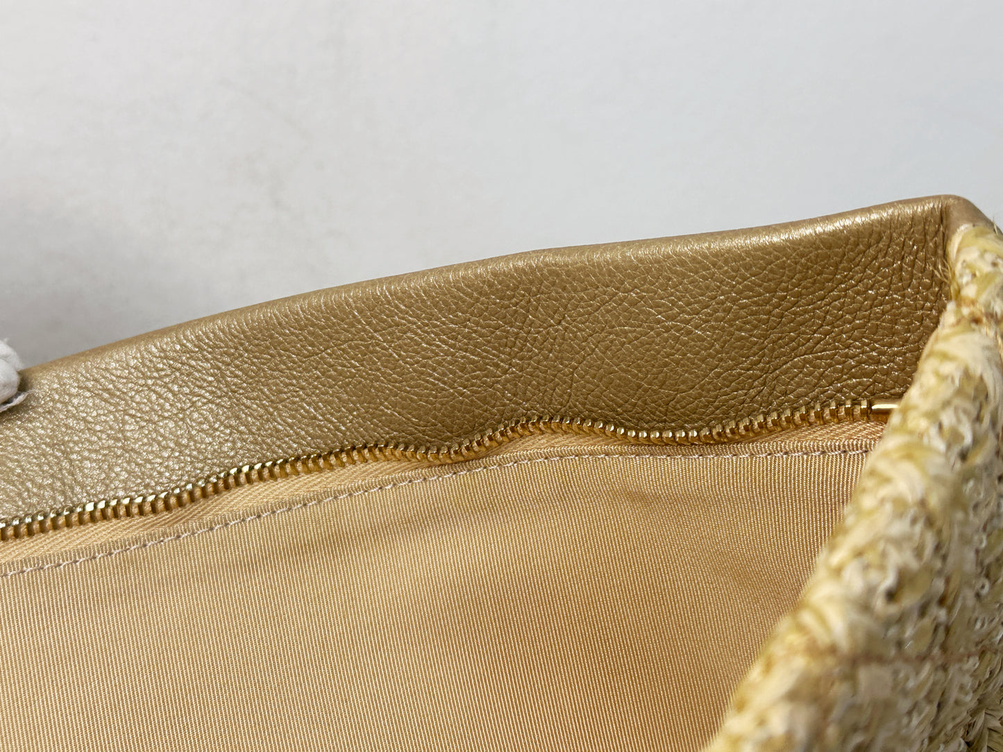 Chanel CC Woven Clutch Gold Natural Raffia Antique Gold Hardware 2502 holo