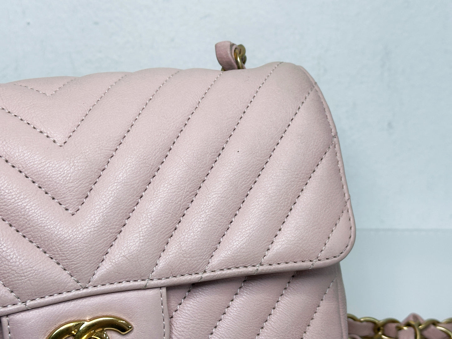 Chanel Classic Mini Rectangular 17C Light Pink Chevron Calfskin with brushed gold hardware 2383 holo card