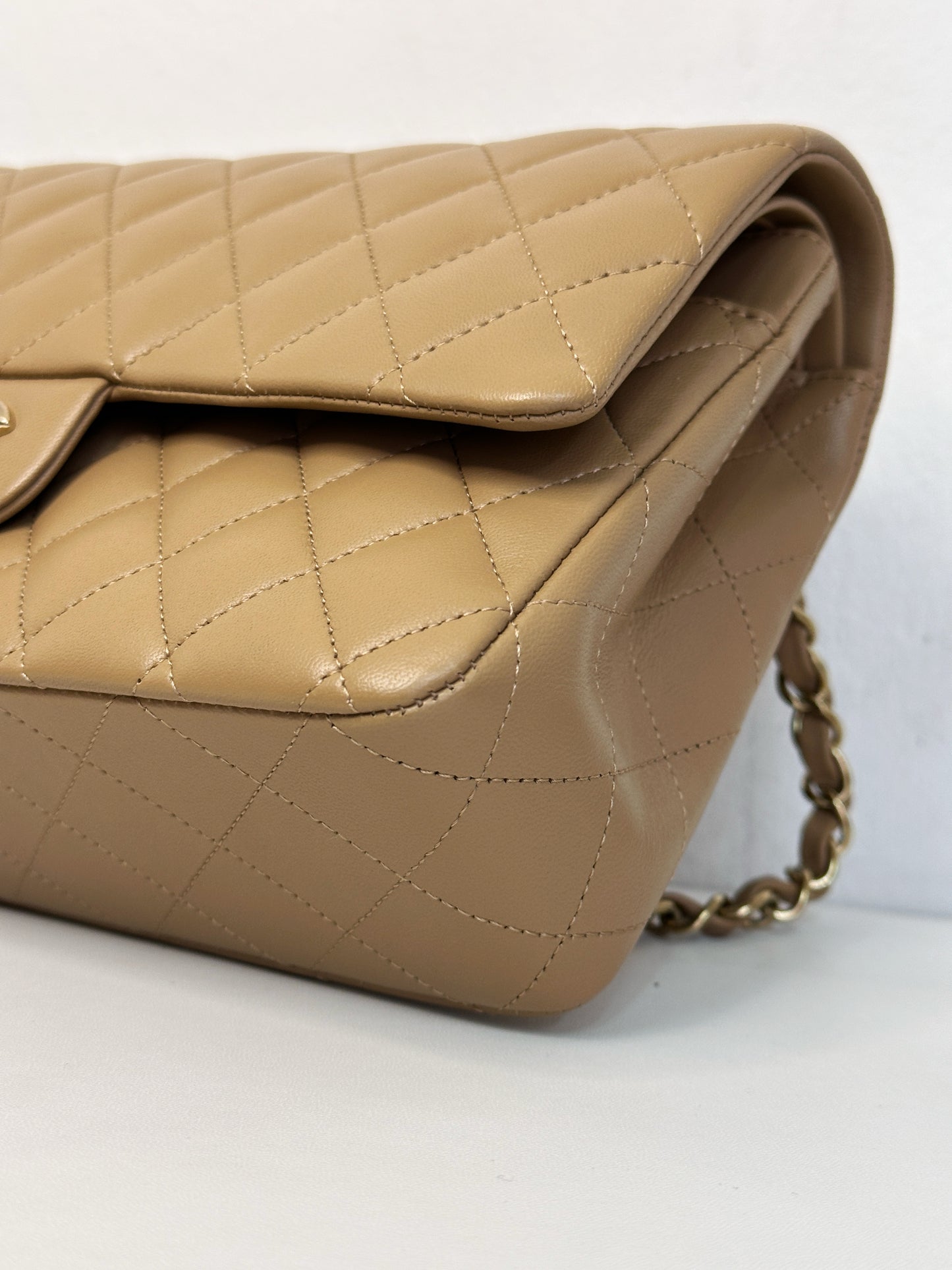 Chanel 22B Lambskin Classic Quilted Double Flap Medium LGHW Dark beige HH9G microchip