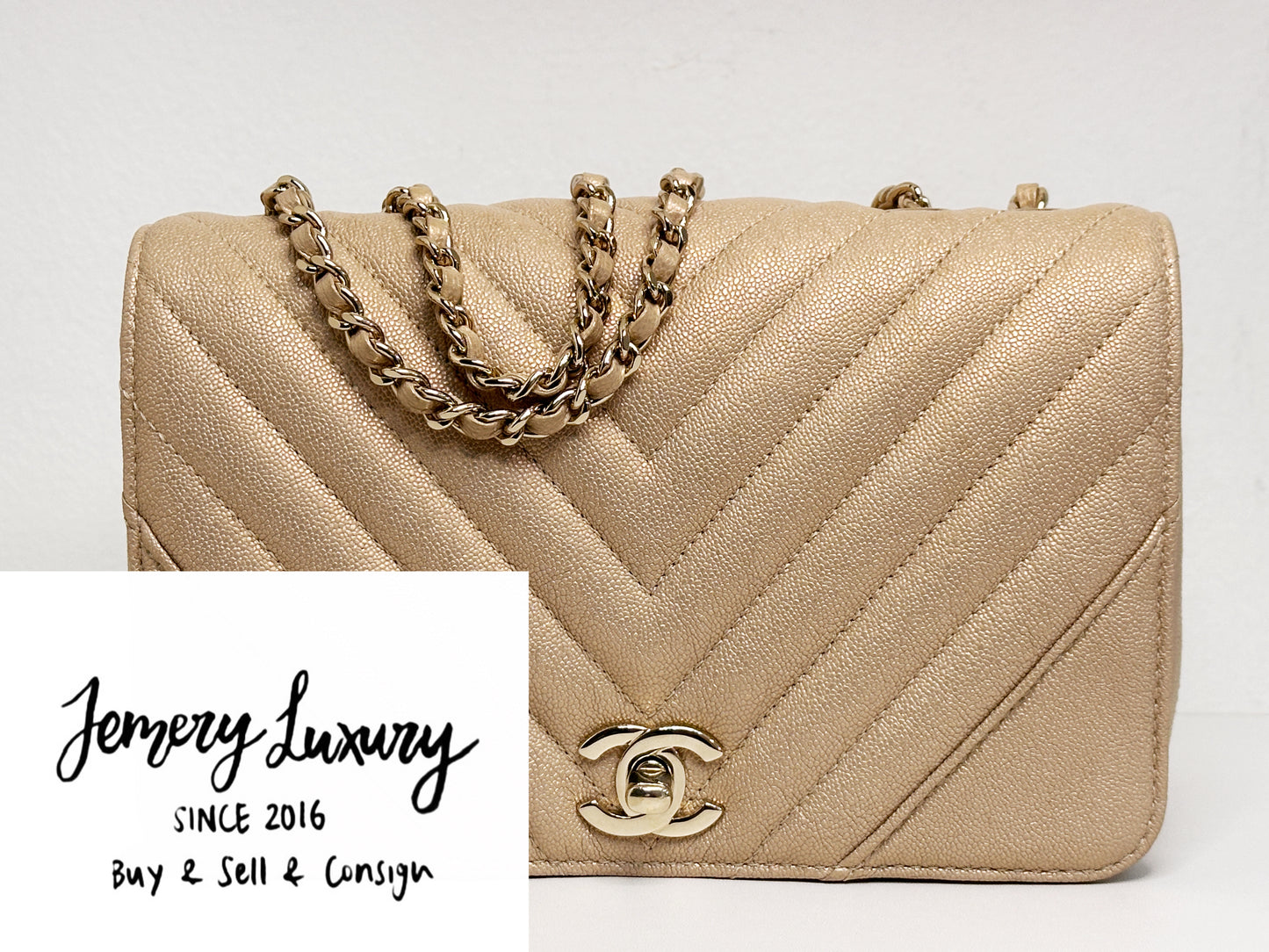 Chanel Mini Statement Metallic Caviar Chevron Quilted Flap Beige LGHW 2835 holo card