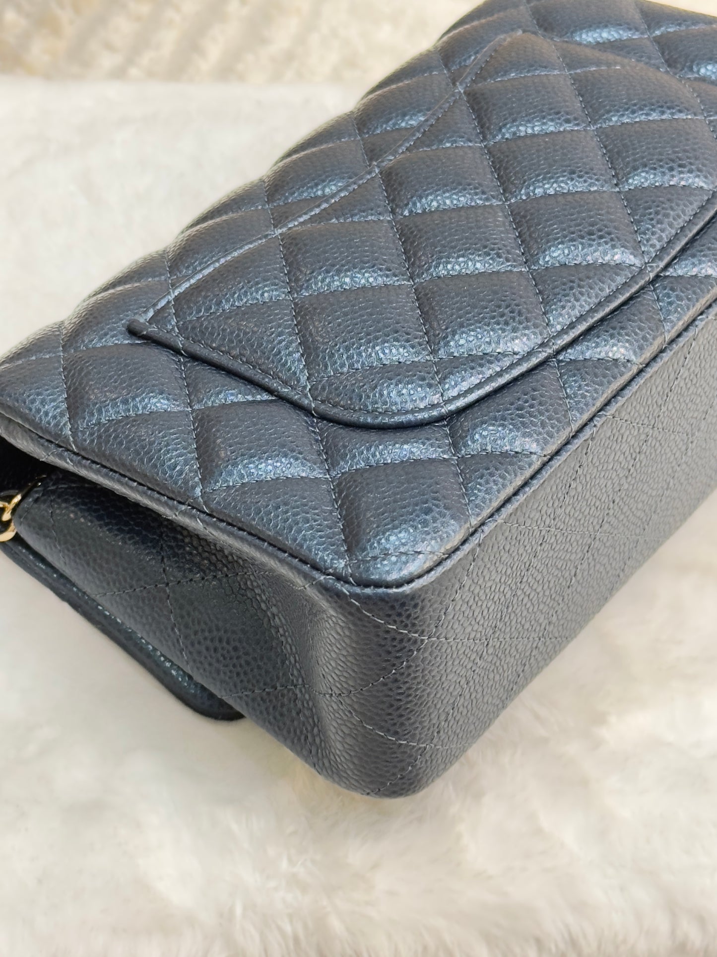 CHANEL Pearly Caviar Quilted Mini Rectangular Flap Navy Blue 18S