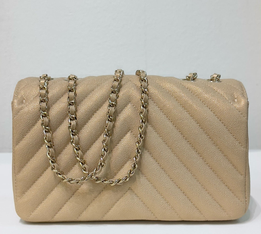 Chanel Mini Statement Metallic Caviar Chevron Quilted Flap Beige LGHW