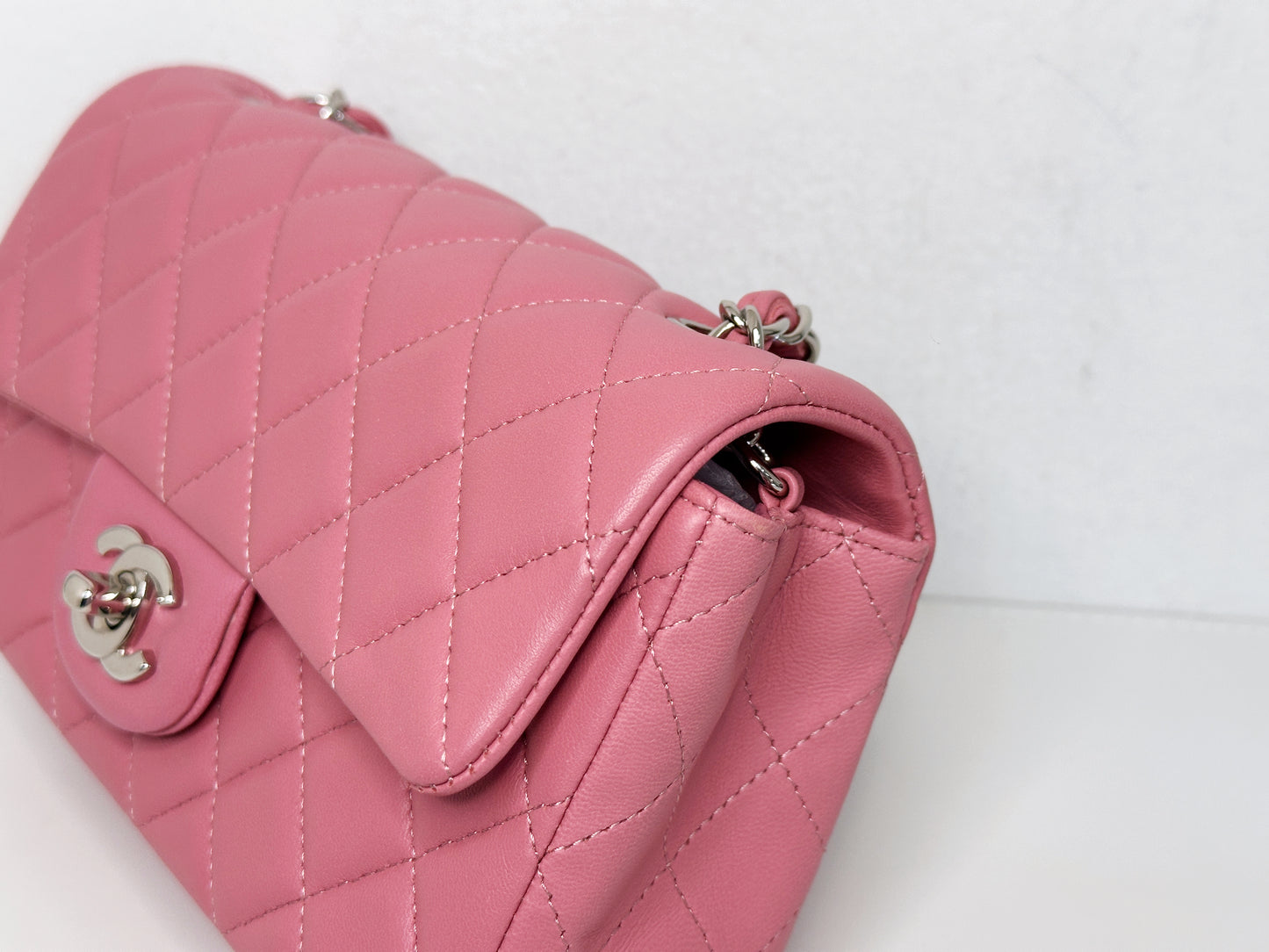 CHANEL Pink Lambskin Quilted Mini Rectangular Flap Bag Pink