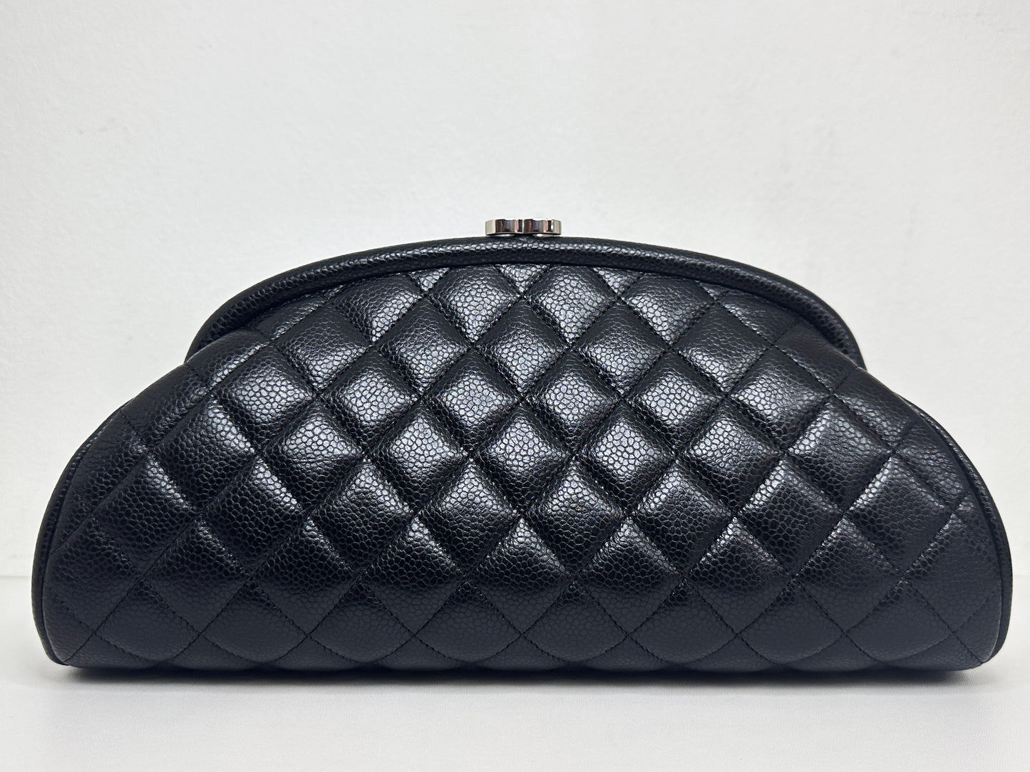 Chanel Quilted Timeless Kisslock Clutch Black Caviar SHW 1915 holo card