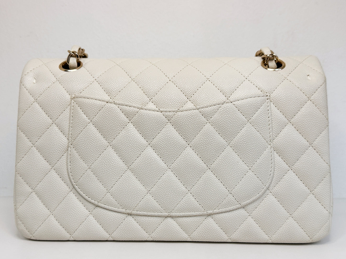Chanel Medium Caviar Classic Quilted Double Flap White Light Beige Bag LGHW L45J microchip