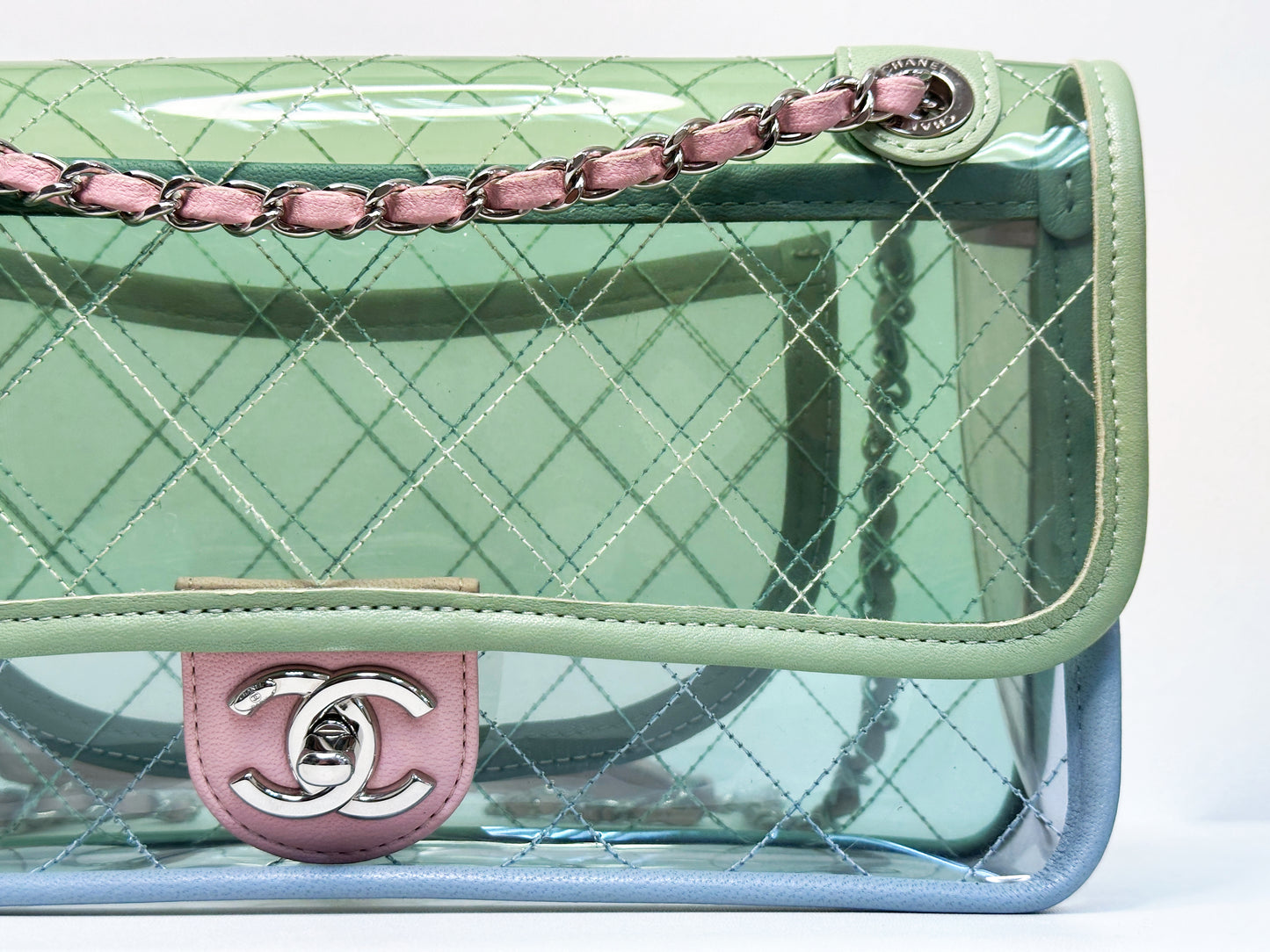 Chanel Coco Splash PVC Medium Flap Bag Green/Blue/Pink 2549 holo card