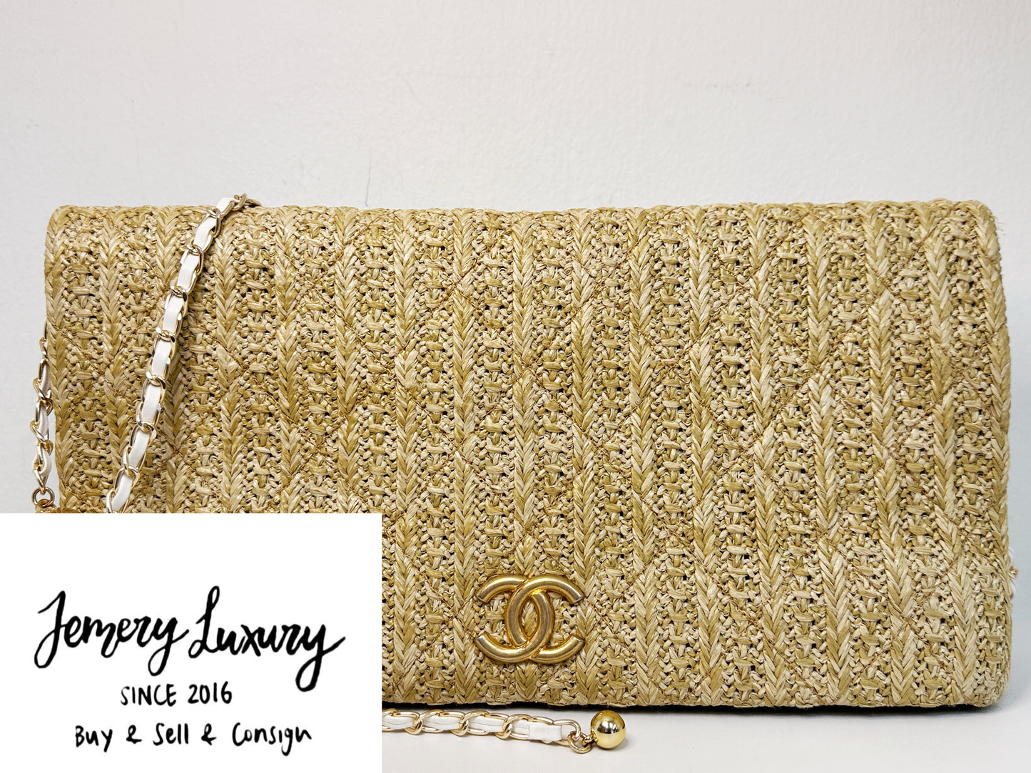 Chanel CC Woven Clutch Gold Natural Raffia Antique Gold Hardware 2502 holo