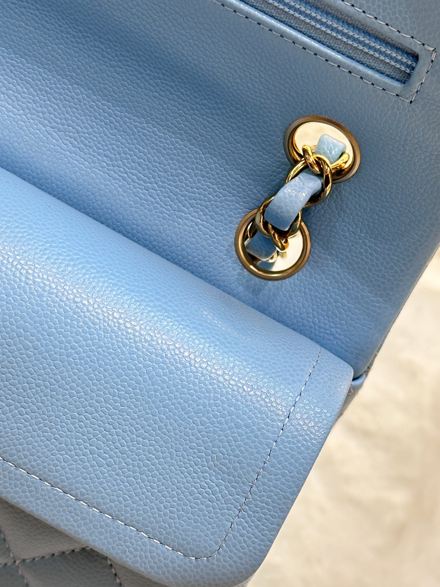 Chanel Small Classic Flap Ligth Blue Caviar Light Gold Hardware