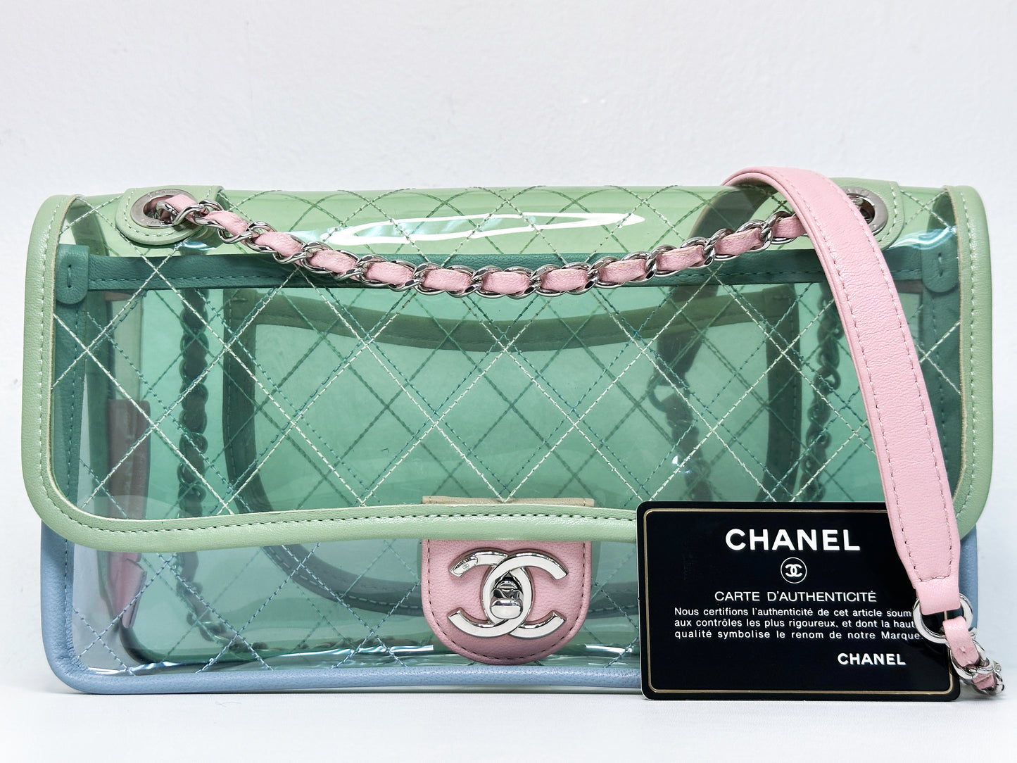 Chanel Coco Splash PVC Medium Flap Bag Green/Blue/Pink 2549 holo card