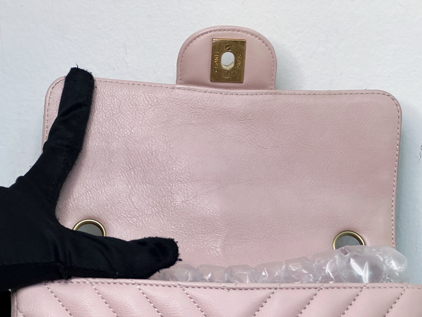 Chanel Classic Mini Rectangular 17C Light Pink Chevron Calfskin with brushed gold hardware 2383 holo card