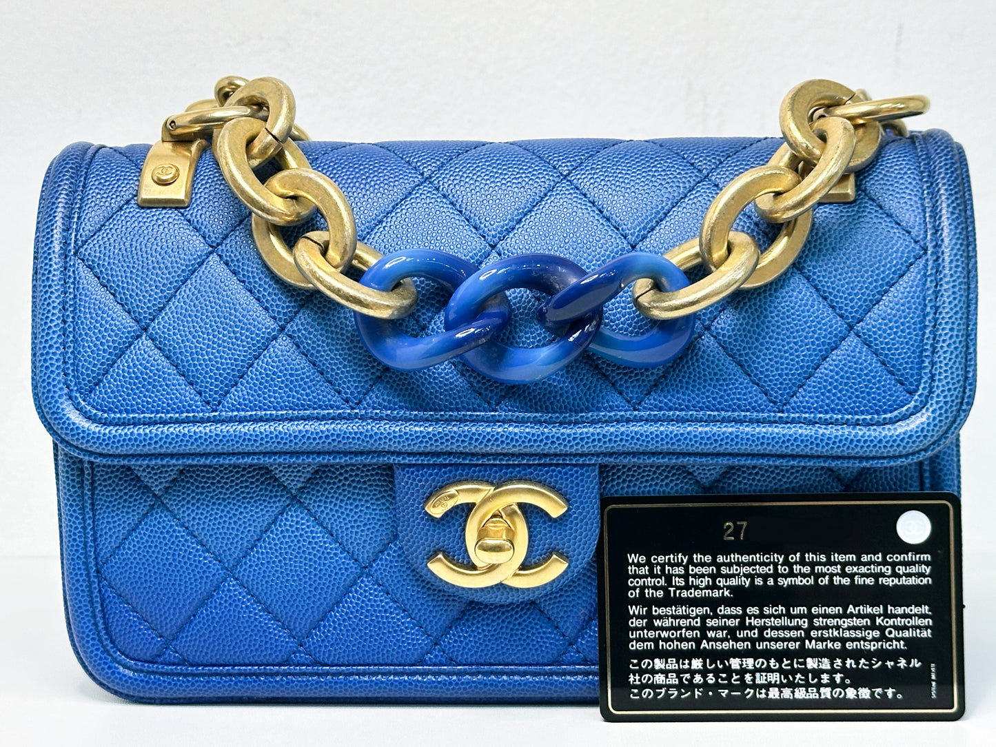 CHANEL Caviar Quilted Small Sunset On The Sea Flap Blue 2721 holo card