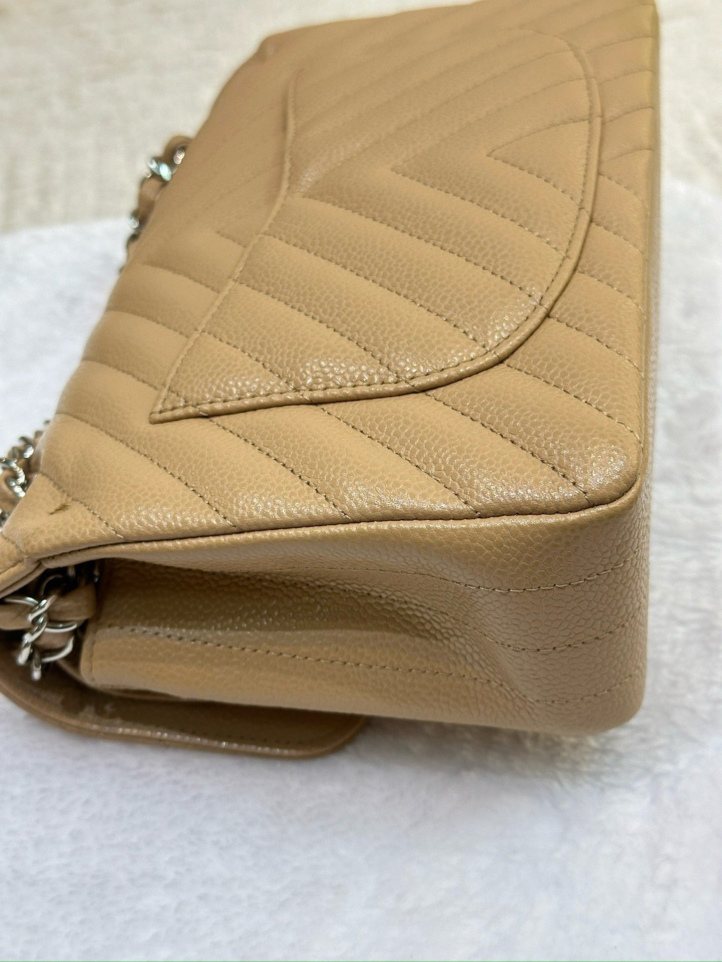 Chanel Small Classic Chevron Calfskin Double Flap Dark Beige SHW 19S 27 Holo card