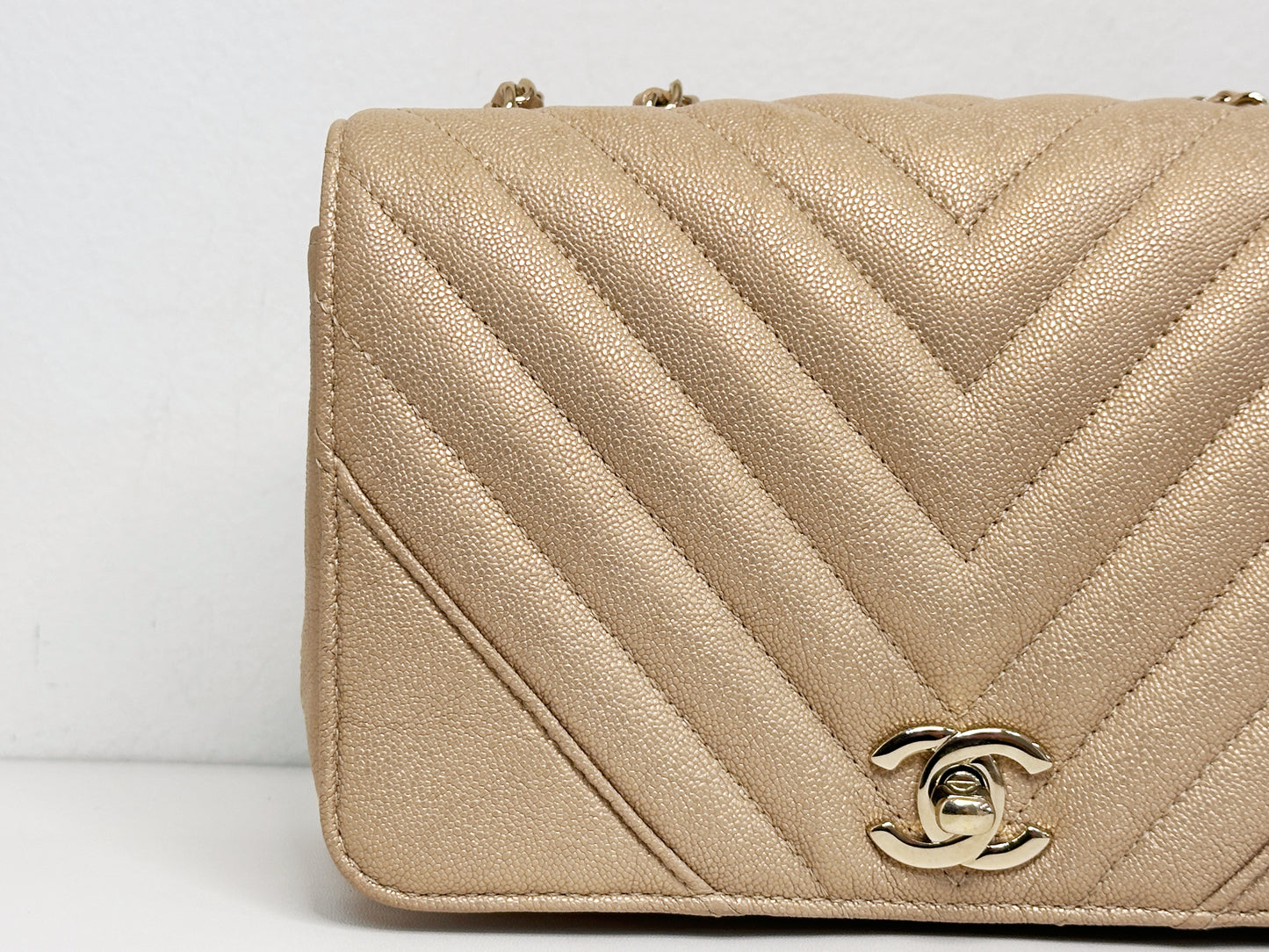 Chanel Mini Statement Metallic Caviar Chevron Quilted Flap Beige LGHW 2835 holo card