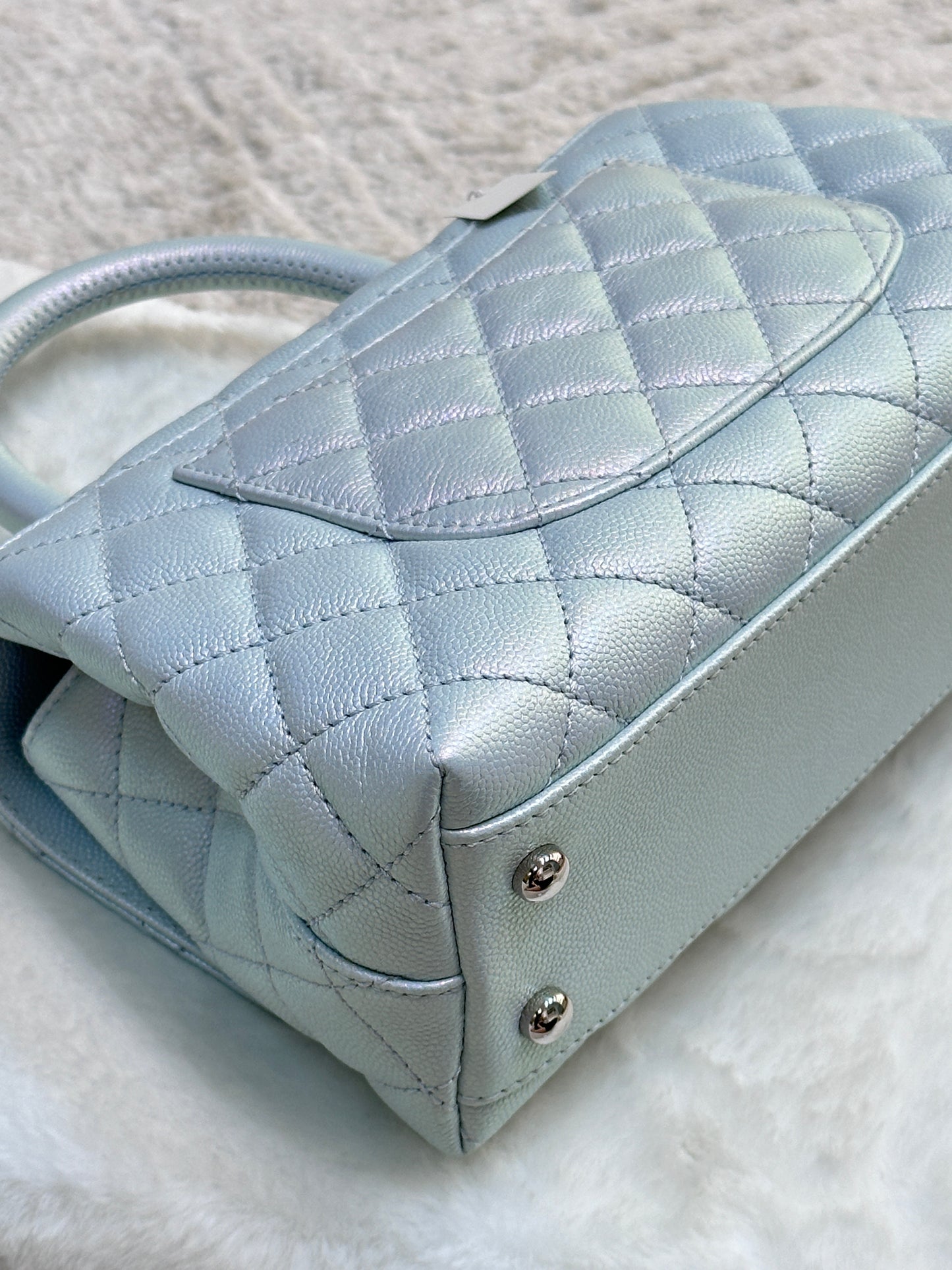 CHANEL Iridescent Caviar Quilted Mini Coco Handle Flap Light Blue