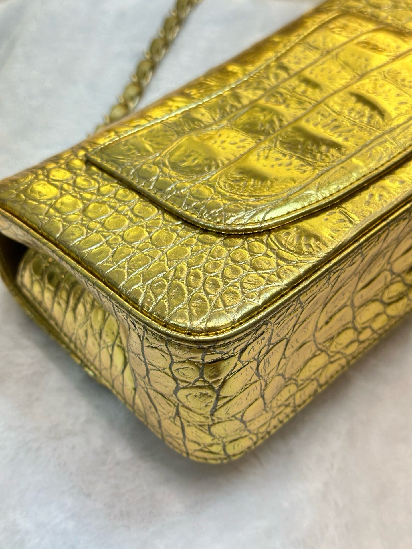 Chanel Mini Calfskin Crocodile Embossed Rectangular Gold Metallic Flap Bag
