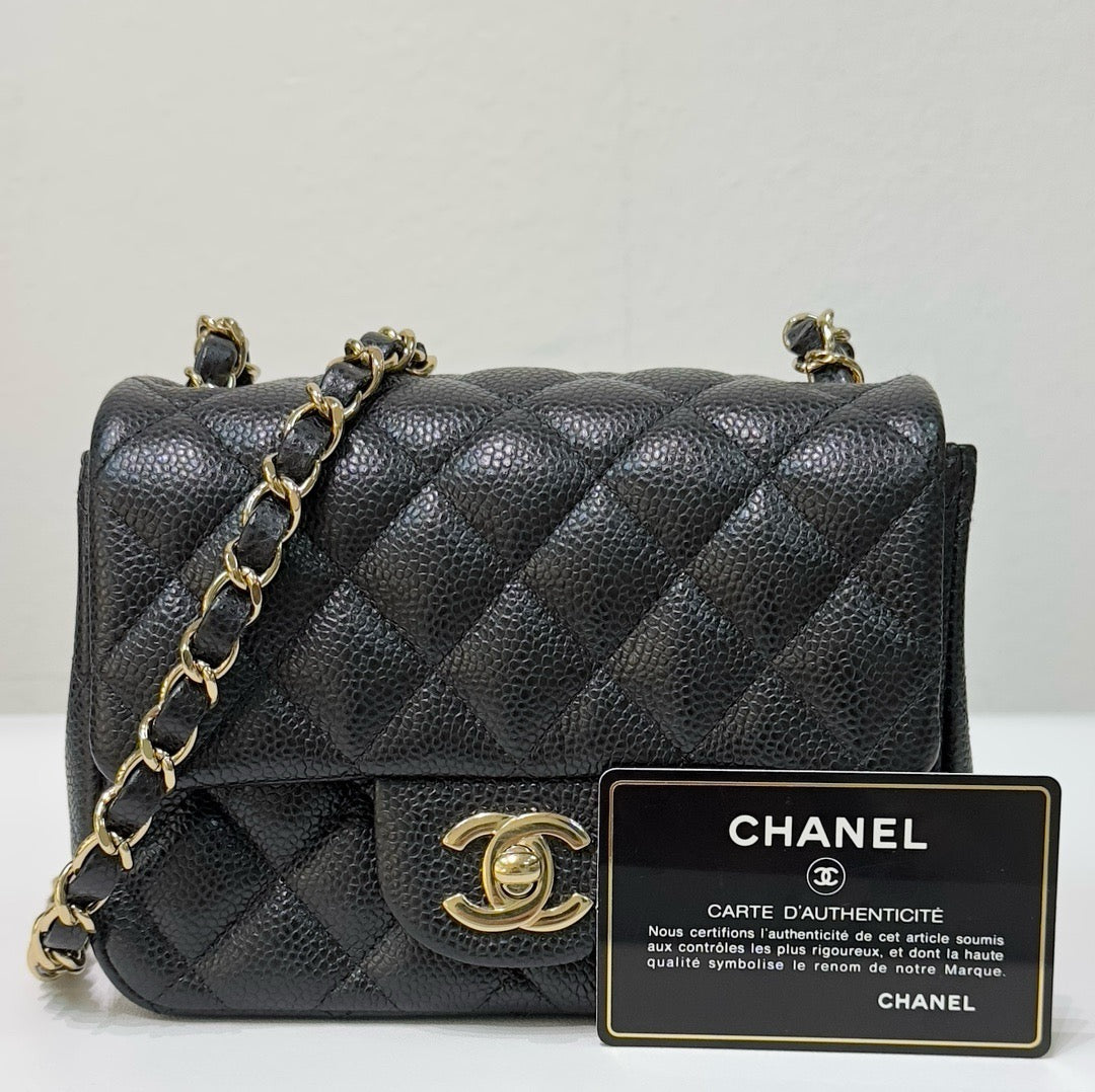 Chanel Mini Square Caviar Flap Bag Black GHW 25 holo card (Chain short than usual)