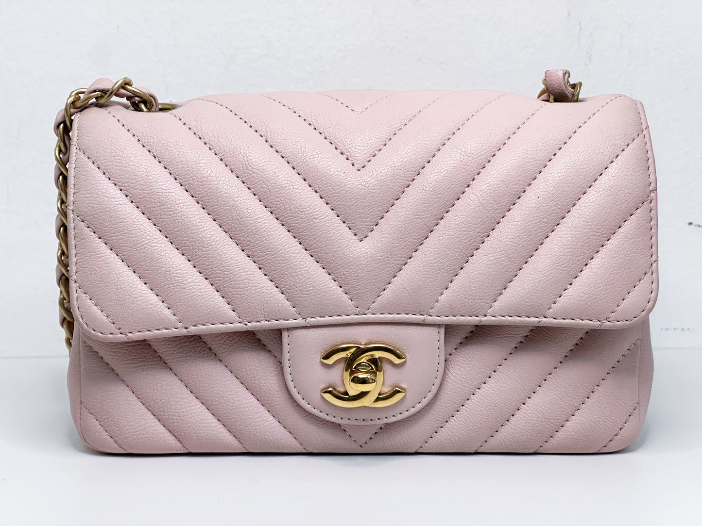 Chanel Classic Mini Rectangular 17C Light Pink Chevron Calfskin with brushed gold hardware 2383 holo card
