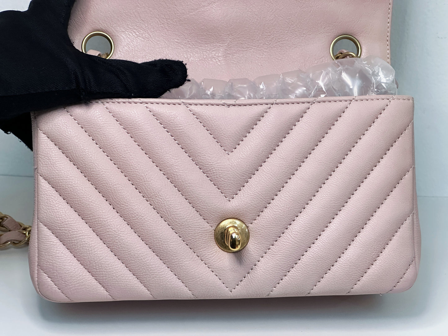 Chanel Classic Mini Rectangular 17C Light Pink Chevron Calfskin with brushed gold hardware 2383 holo card