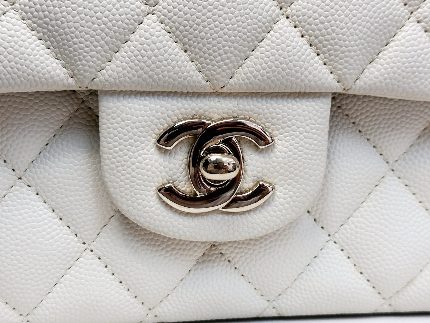 Chanel Medium Caviar Classic Quilted Double Flap White Light Beige Bag LGHW L45J microchip