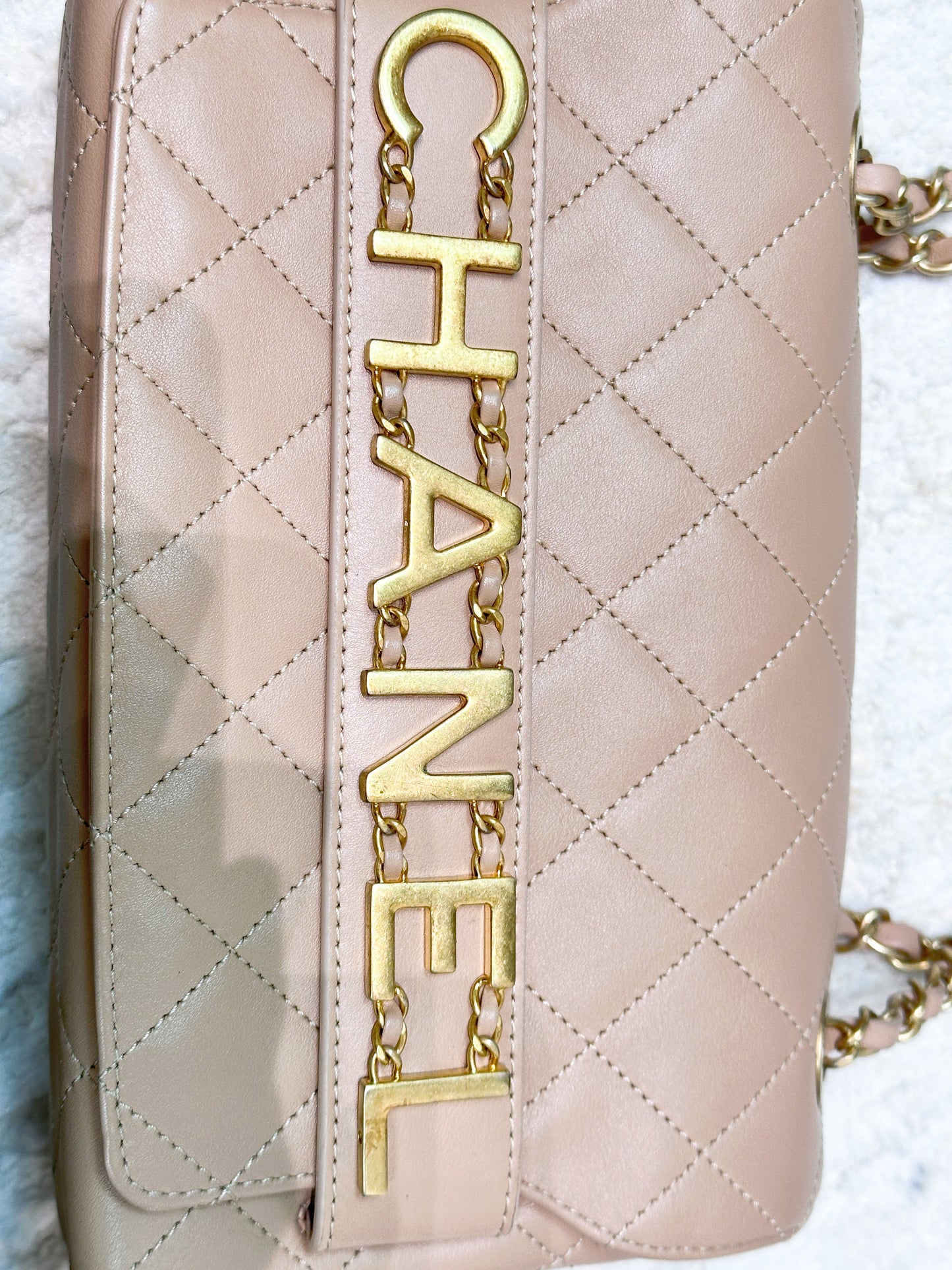 Chanel Engraved Flap Dark Beige Lambskin Gold Hardware