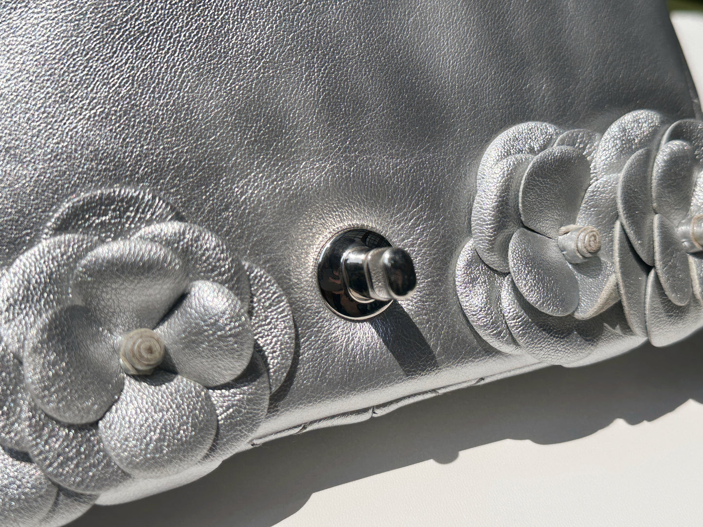 Chanel Mini Camellia Lambskin Shiny Silver SHW 2245 holo