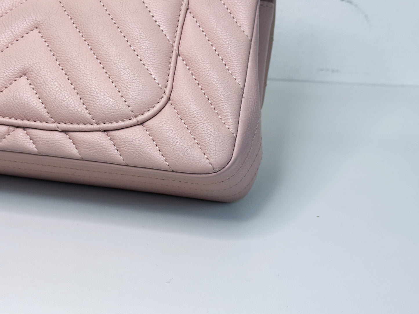 Chanel Classic Mini Rectangular 17C Light Pink Chevron Calfskin with brushed gold hardware 2383 holo card