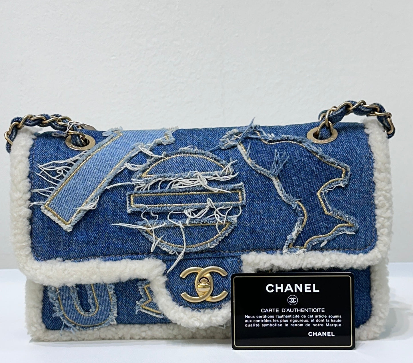 CHANEL Denim Shearling Hieroglyph Flap Blue