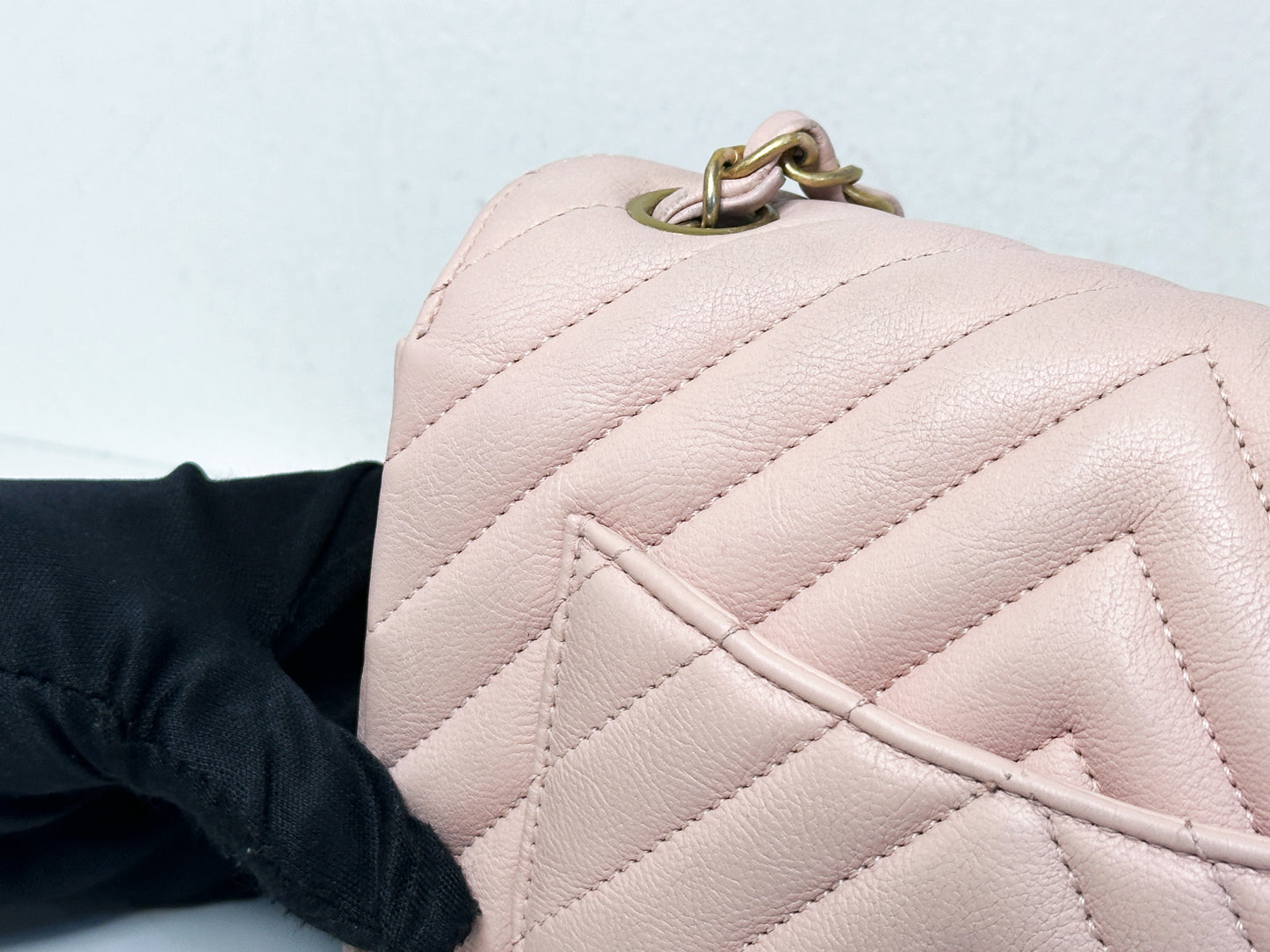 Chanel Classic Mini Rectangular 17C Light Pink Chevron Calfskin with brushed gold hardware 2383 holo card