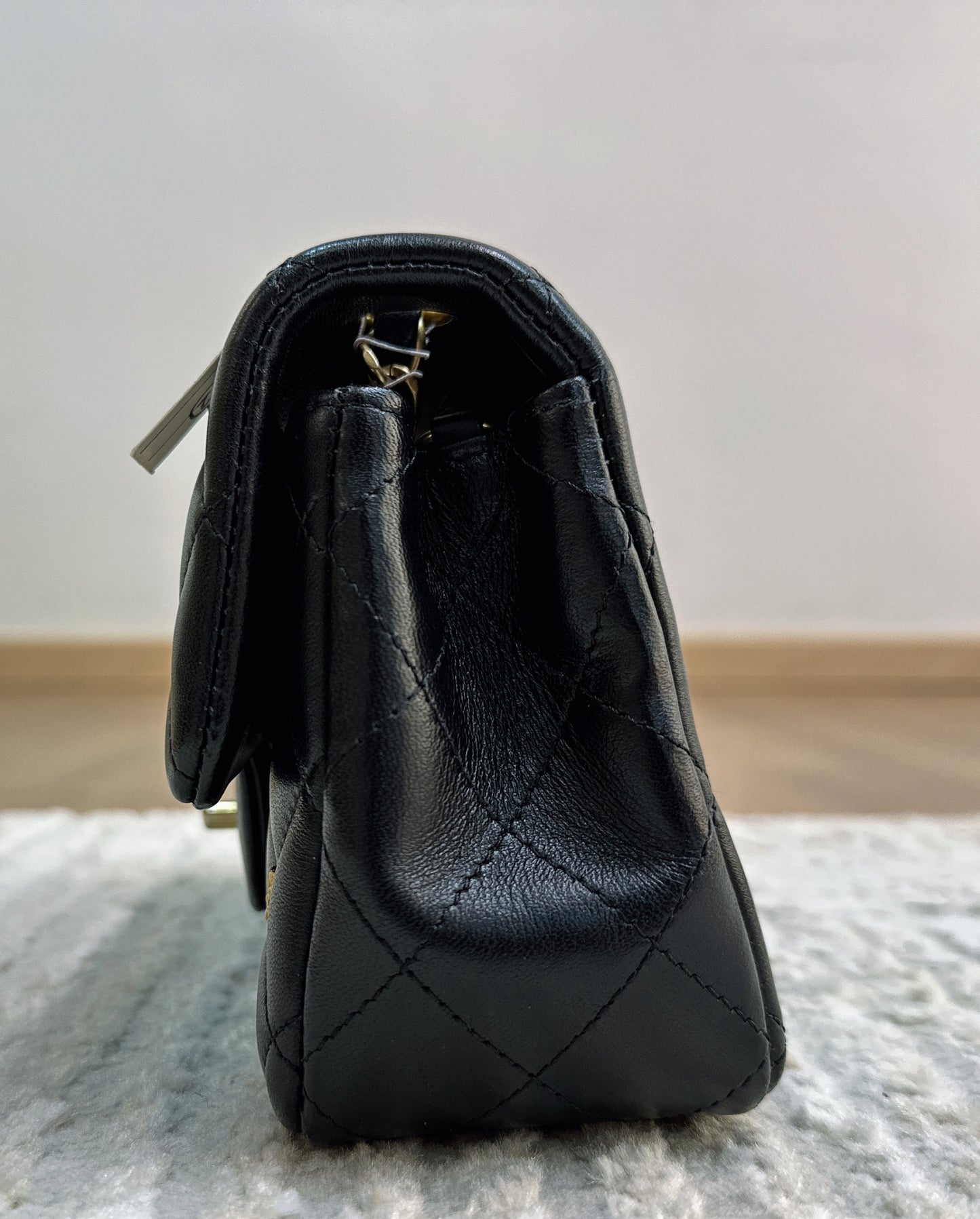 CHANEL Lambskin Quilted Studded Mini Rectangular Flap Black