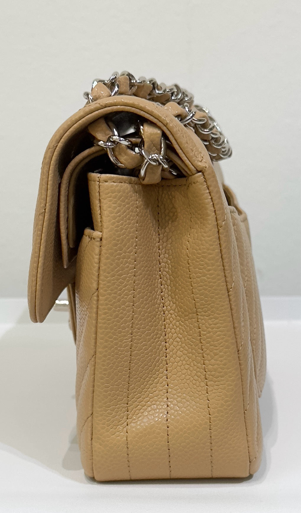 Chanel Small Classic Chevron Calfskin Double Flap Dark Beige SHW 19S 27 Holo card