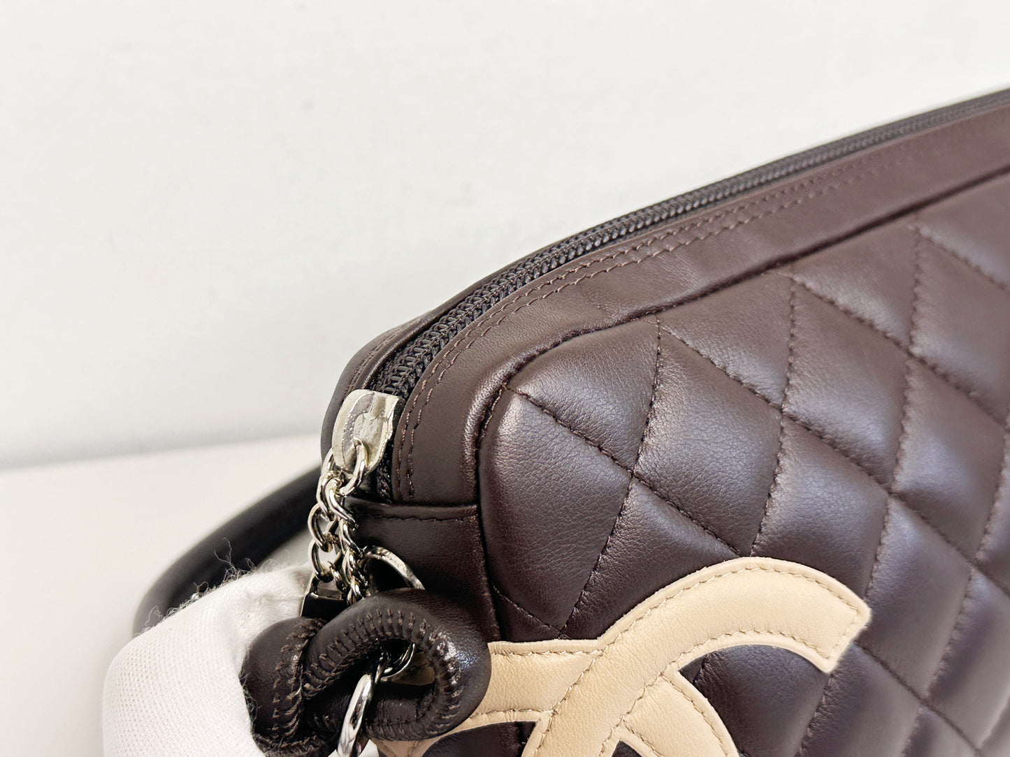 Chanel Calfskin Quilted Cambon Pochette Dark Brown 928 holo card