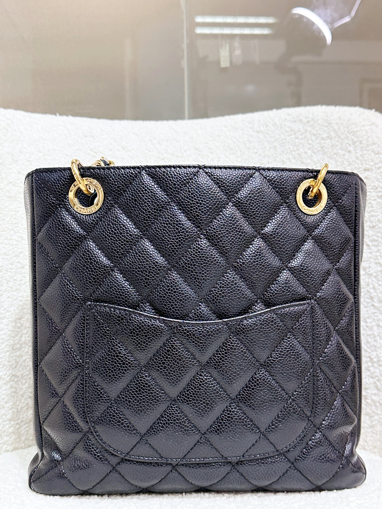 Chanel Caviar Quilted Petit Shopping Tote PST Black GHW 1975 holo card
