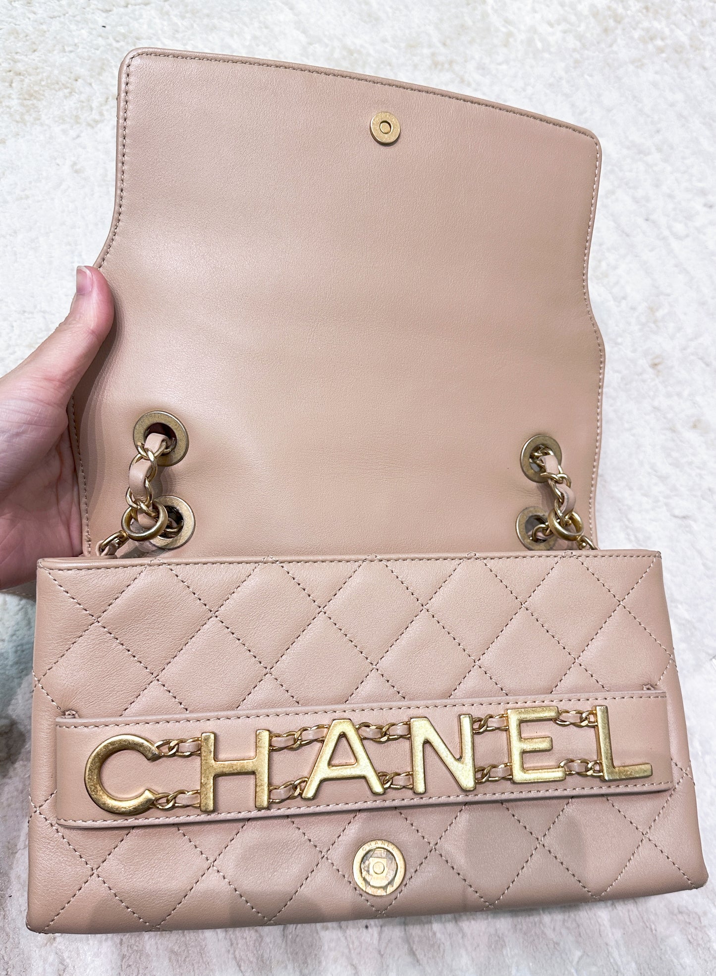 Chanel Engraved Flap Dark Beige Lambskin Gold Hardware