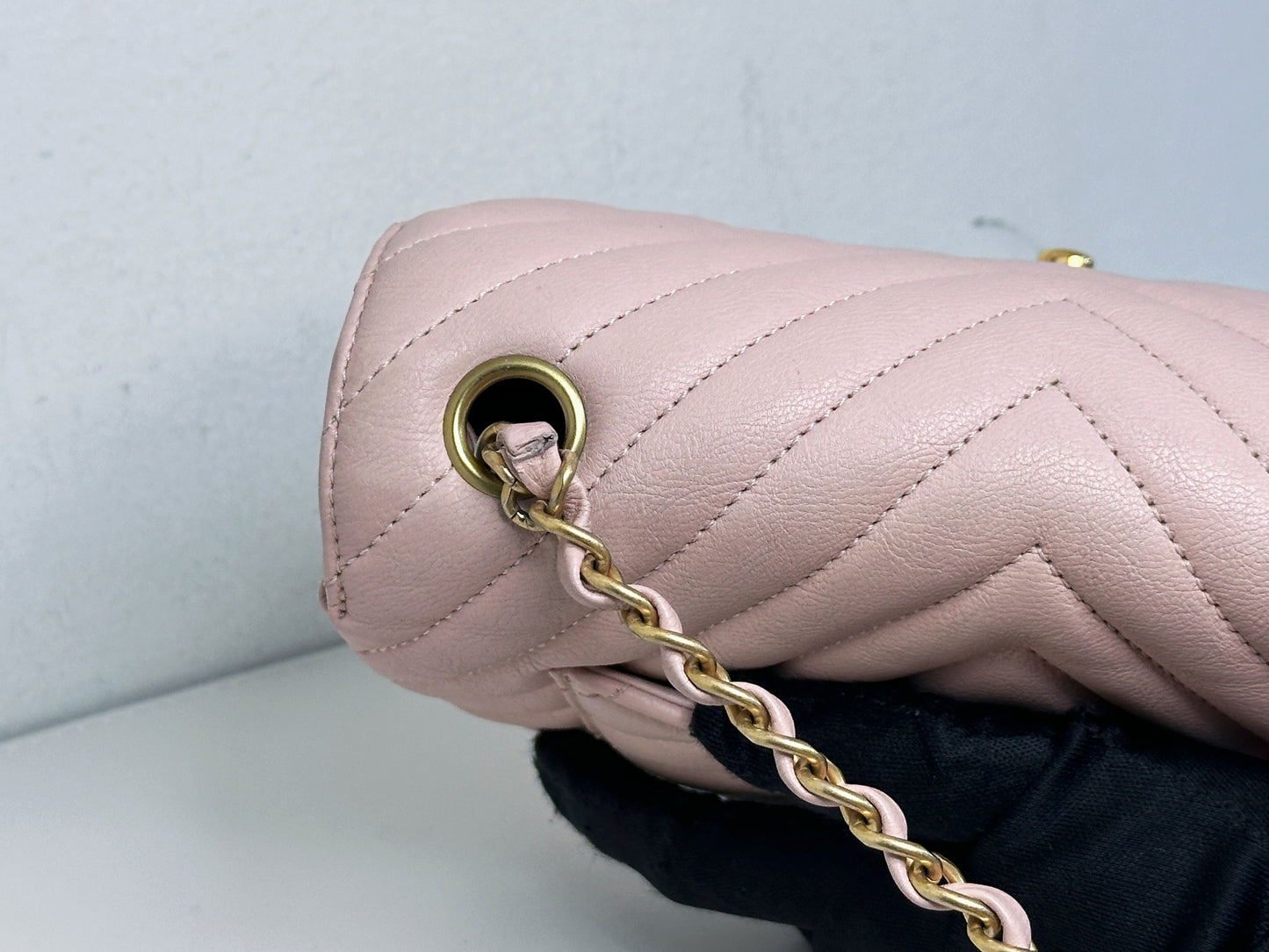 Chanel Classic Mini Rectangular 17C Light Pink Chevron Calfskin with brushed gold hardware 2383 holo card