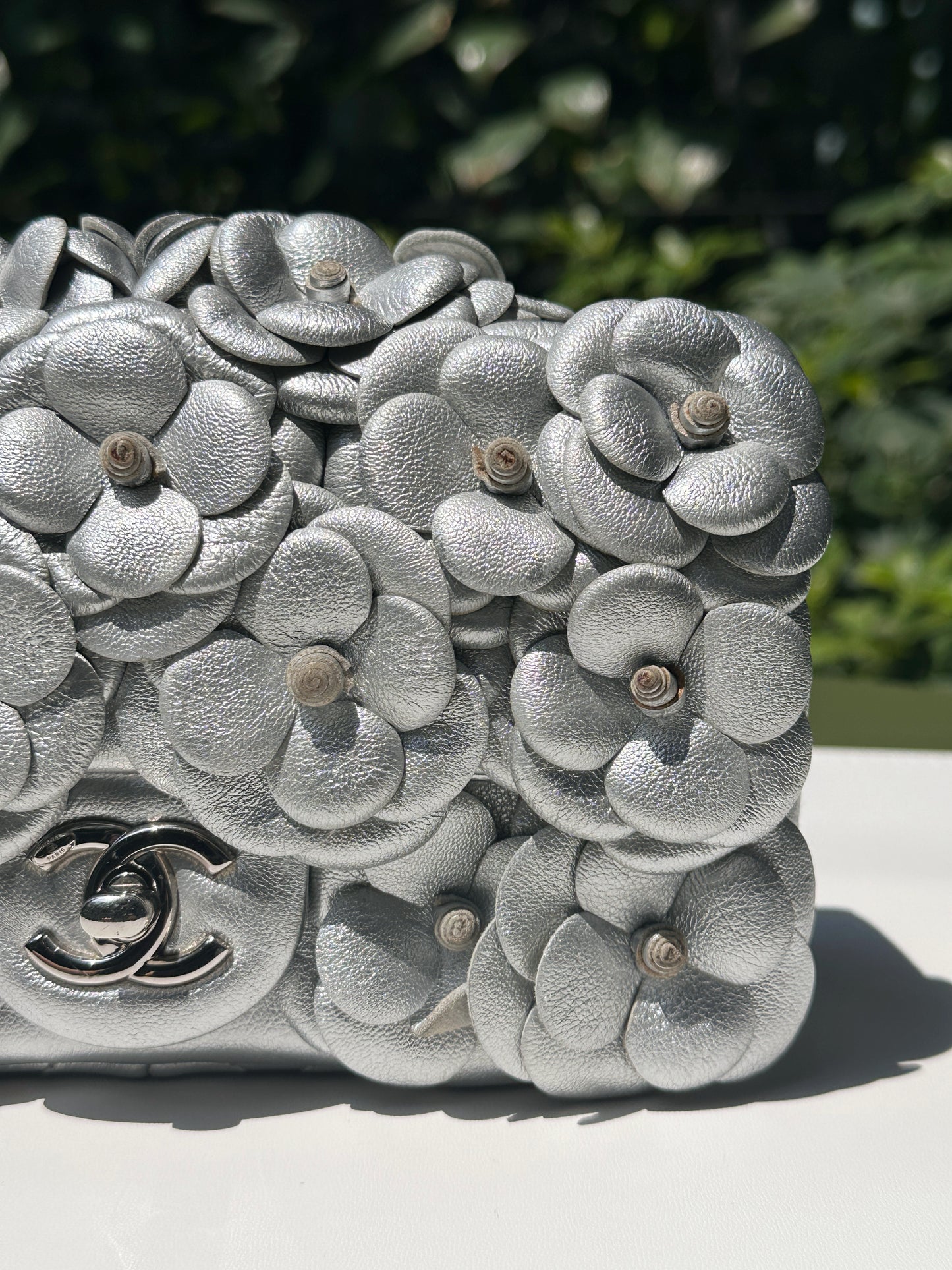Chanel Mini Camellia Lambskin Shiny Silver SHW 2245 holo