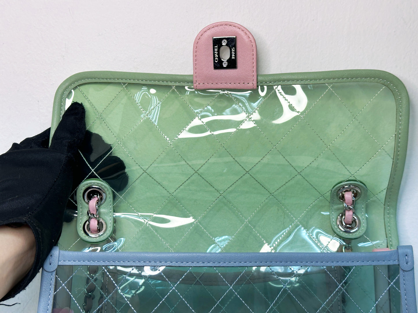Chanel Coco Splash PVC Medium Flap Bag Green/Blue/Pink 2549 holo card