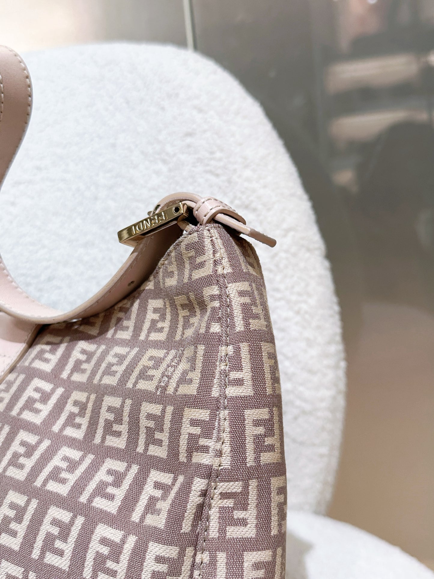 FENDI Zucchino Mamma Baguette Beige Shoulder Bag in Cipria