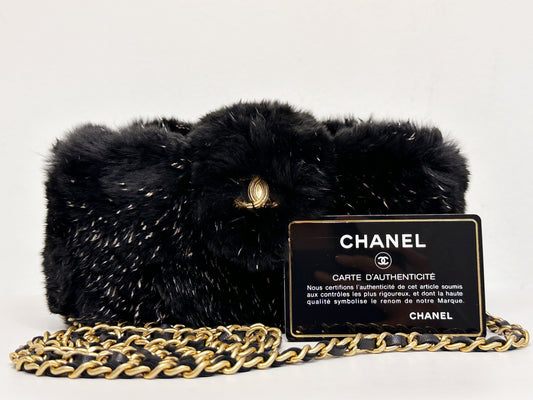 Chanel CC Black Fur Chain Clutch 2270 holo card