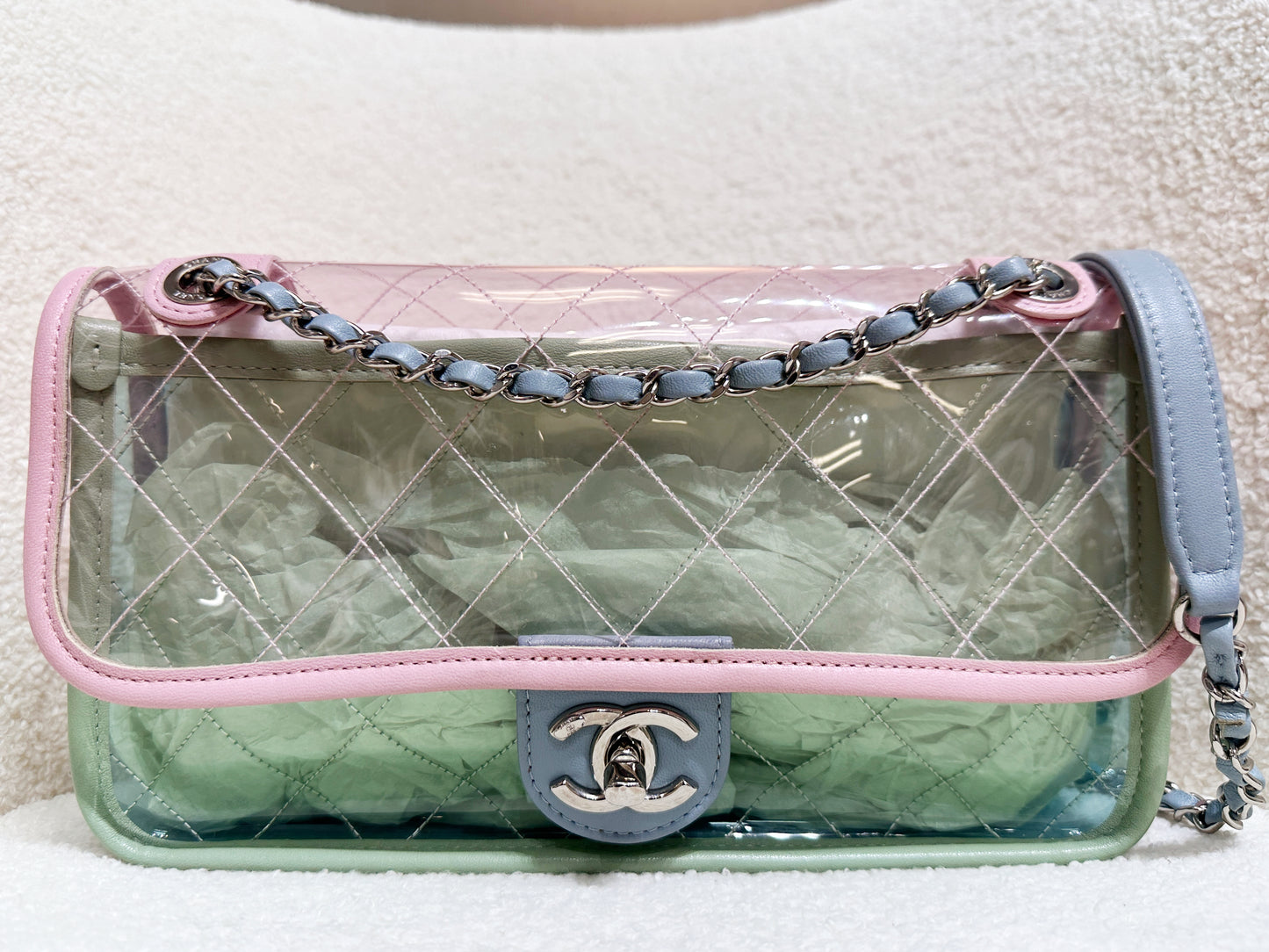 Chanel Coco Splash PVC Medium Flap Bag Pink/Green/Blue 254 holo card