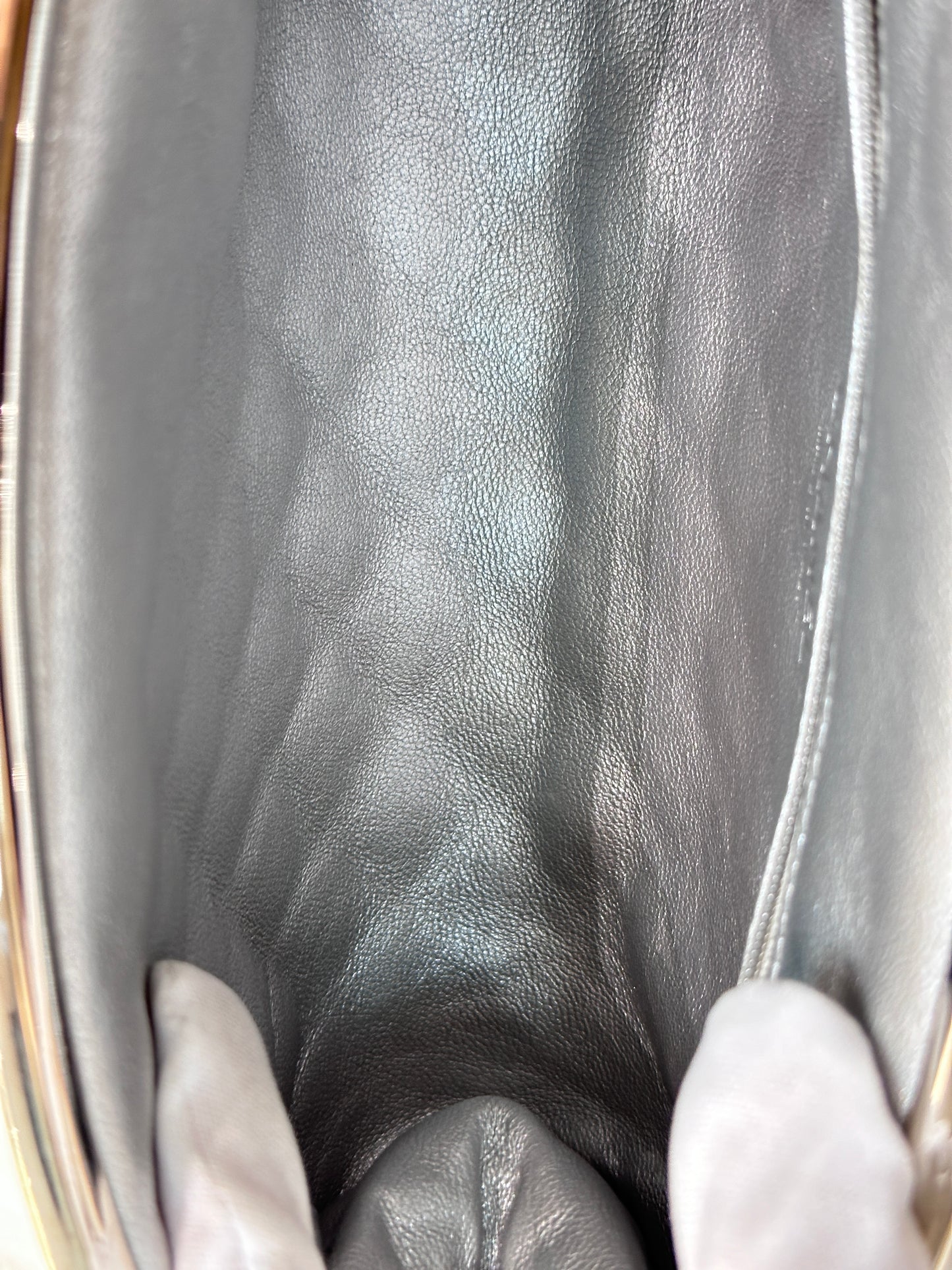 CHANEL Metallic Aged Calfskin Quilted Timeless Clutch Silver