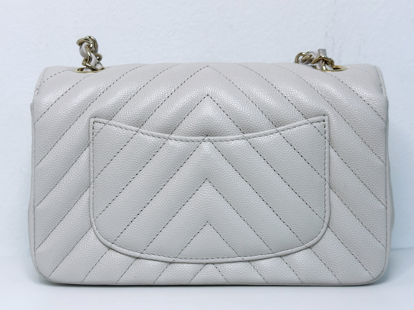Chanel Mini Rectangle Chevron Blush Hue Light Beige Flap Bag LGHW