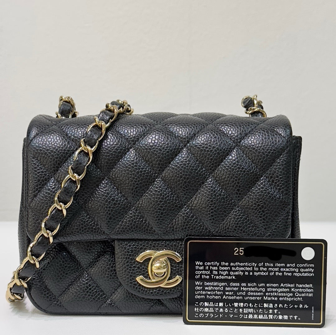 Chanel Mini Square Caviar Flap Bag Black GHW 25 holo card (Chain short than usual)