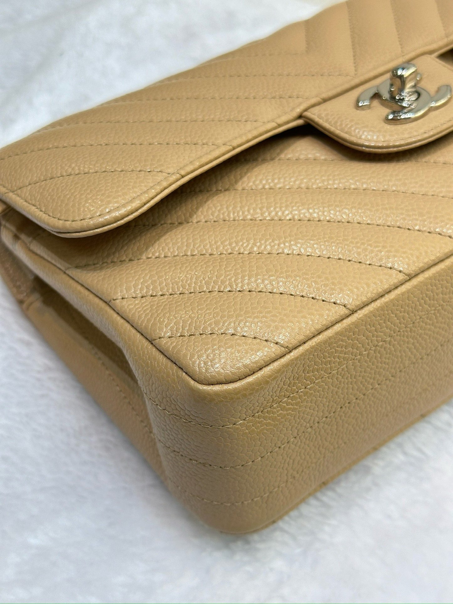 Chanel Small Classic Chevron Calfskin Double Flap Dark Beige SHW 19S 27 Holo card