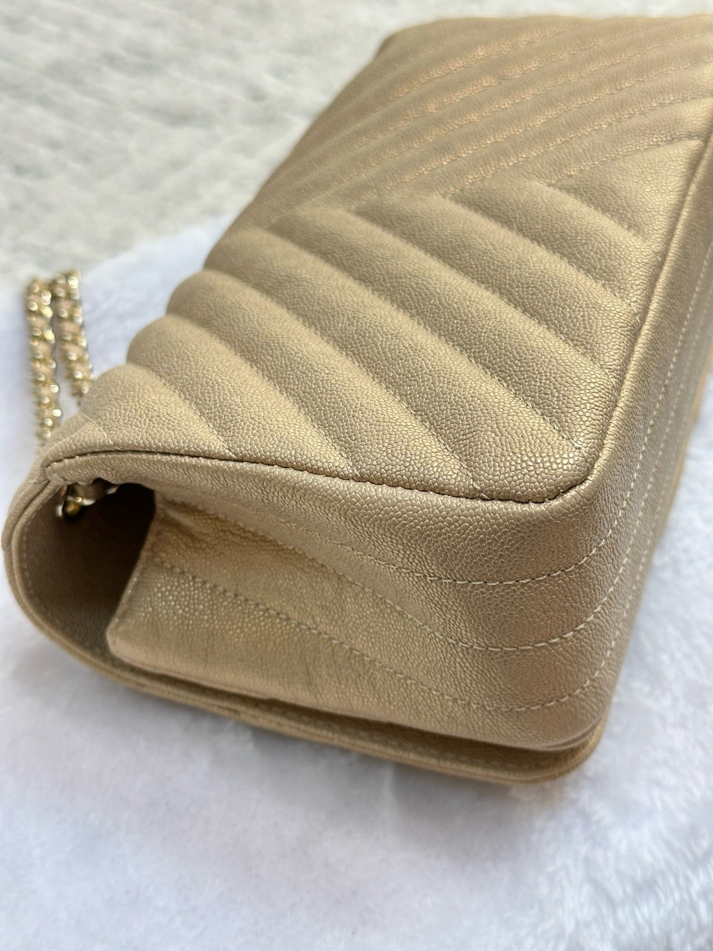 Chanel Mini Statement Metallic Caviar Chevron Quilted Flap Beige LGHW