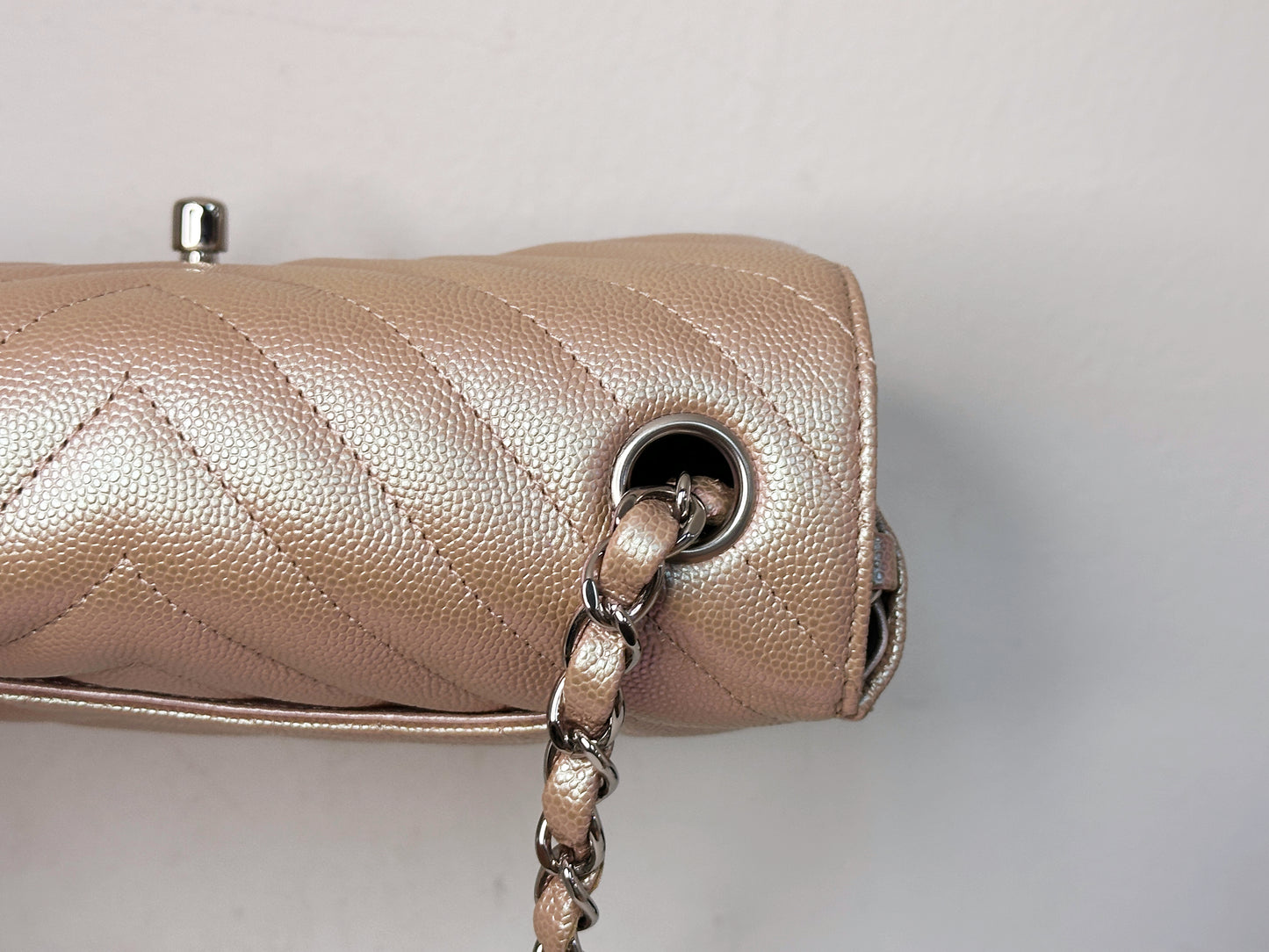 Chanel 17B Mini Rectangular Chevron Caviar Flap Bag Rose Gold SHW 2467 holo card