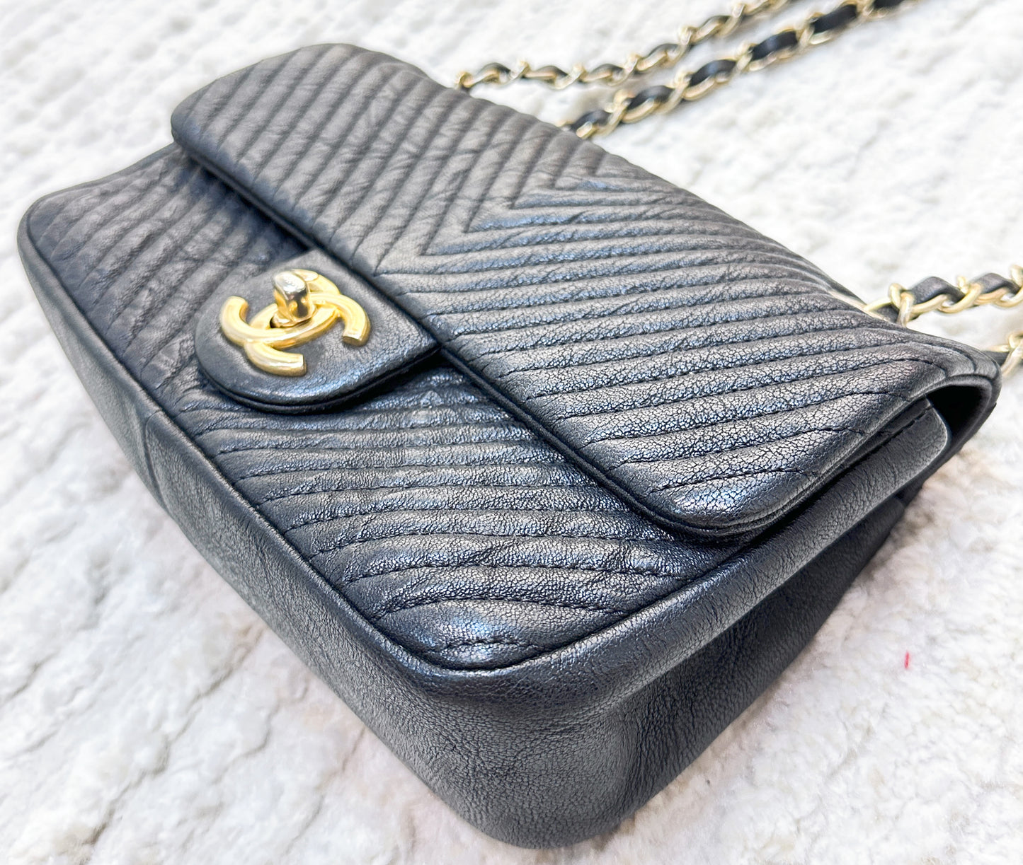 Chanel Black Chevron Leather Small Classic Flap Bag