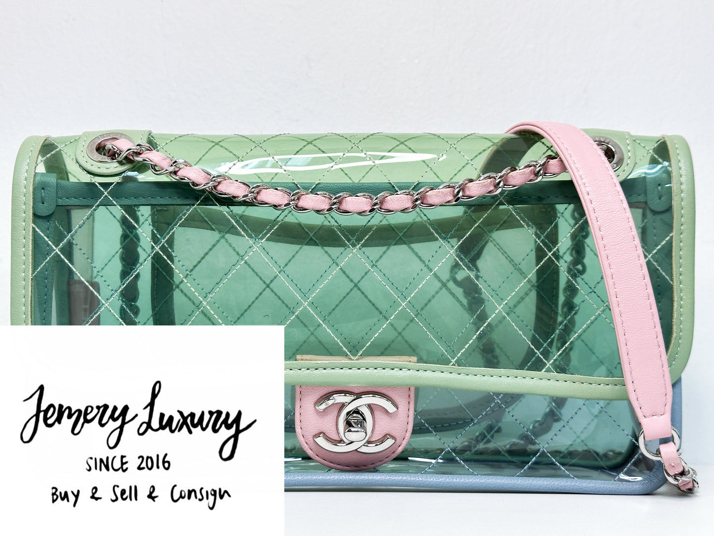 Chanel Coco Splash PVC Medium Flap Bag Green/Blue/Pink 2549 holo card