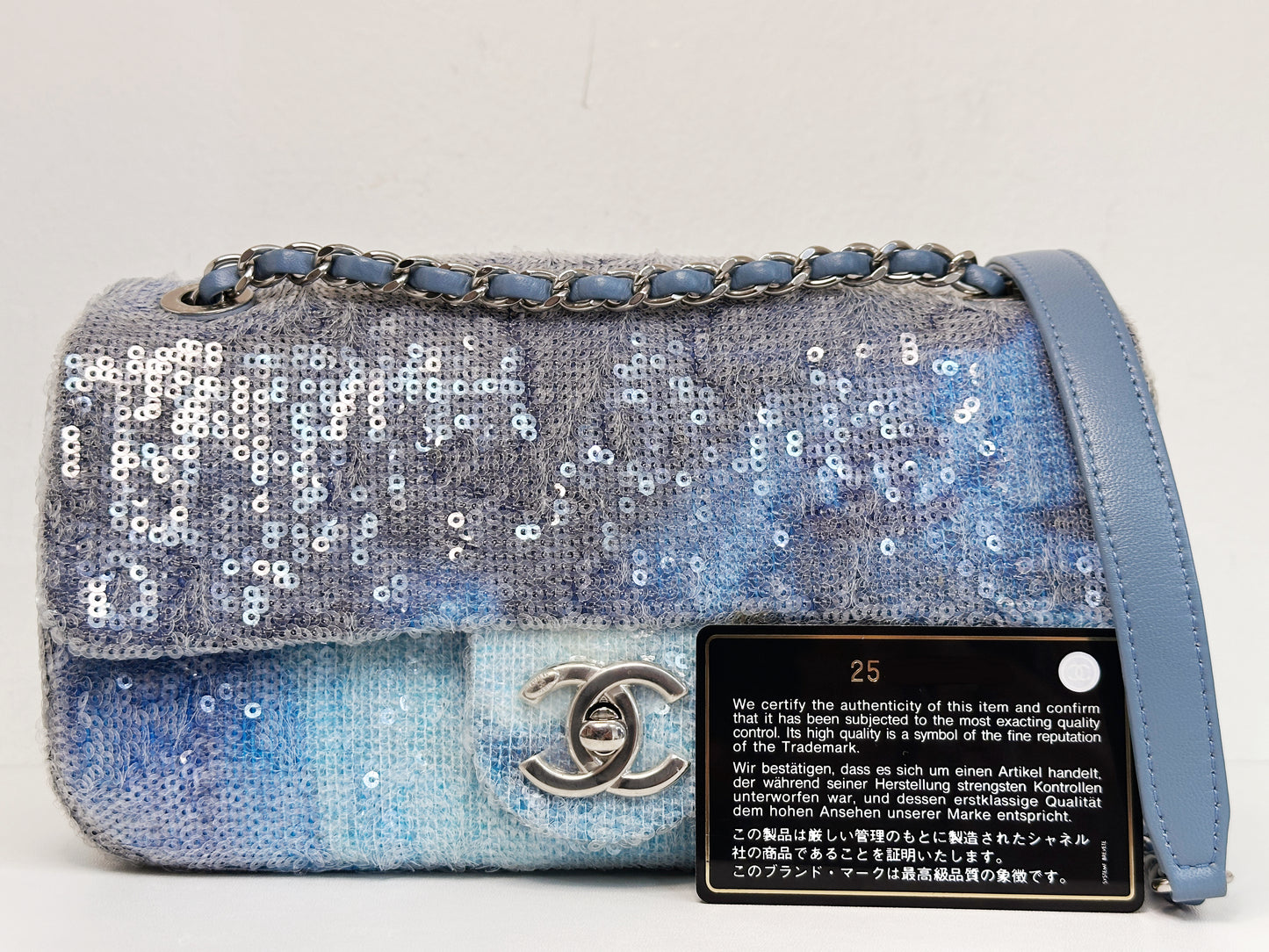 Chanel Sequin Mini Waterfall Light Blue Flap Bag 2590 holo card