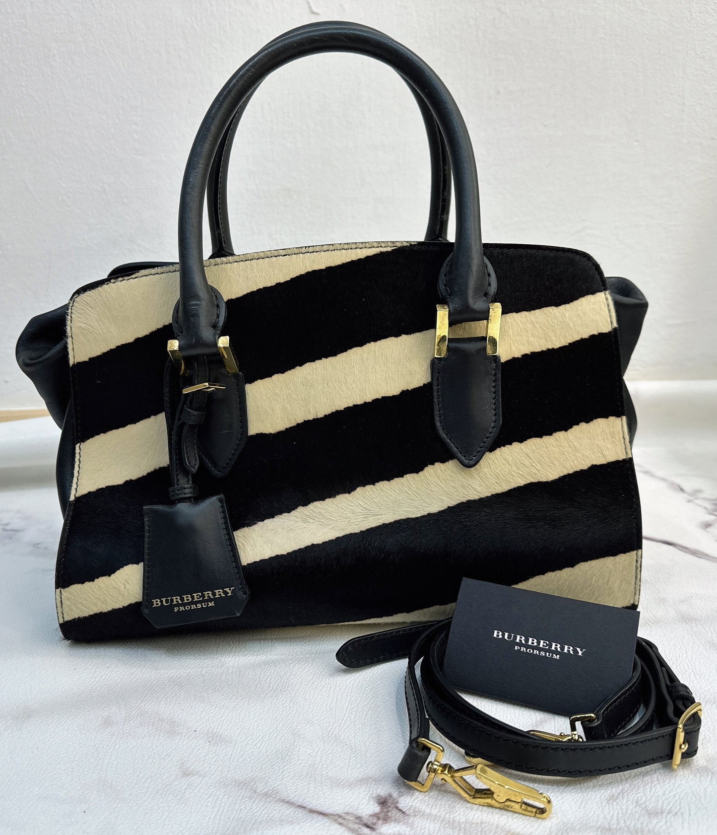 Burberry Black/White Zebra Print Calf Hair And Leather The Crush Drawstring Tote